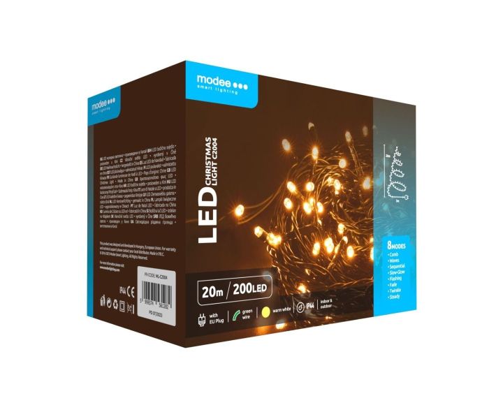 Modee | Kerstverlichting LED lichtsnoer | 20m | 200 Lichtpunten met 8 Lichtstanden | IP44 | Warm Wit Licht