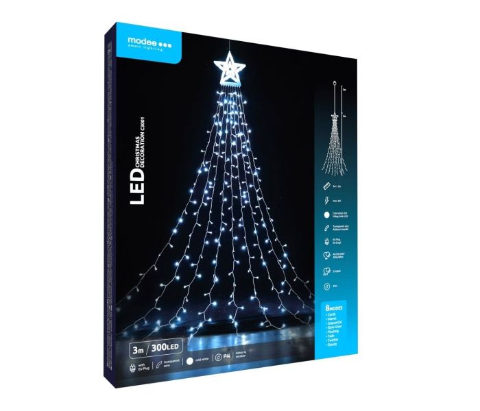 Modee | guirlande lumineuse de Noël LED | 3m avec étoile | 300 lumières avec 8 niveaux de lumière | IP44 | Lumière blanche froide