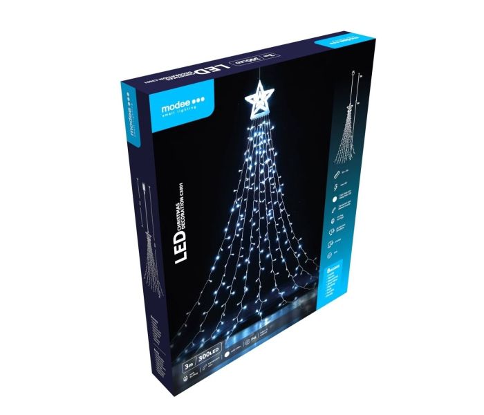 Modee | guirlande lumineuse de Noël LED | 3m avec étoile | 300 lumières avec 8 niveaux de lumière | IP44 | Lumière blanche froide