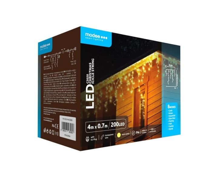 Modee | guirlande lumineuse de Noël LED | 4m et 70cm de haut | 200 Lumières avec 8 modes d'éclairage | IP44 | Lumière blanc chaud