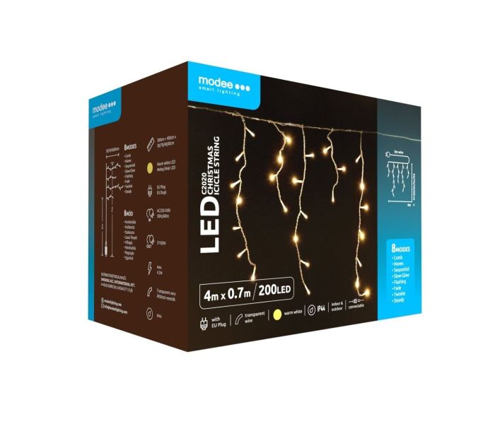 Modee | guirlande lumineuse de Noël LED | 4m et 70cm de haut | 200 Lumières avec 8 modes d'éclairage | IP44 | Lumière blanc chaud